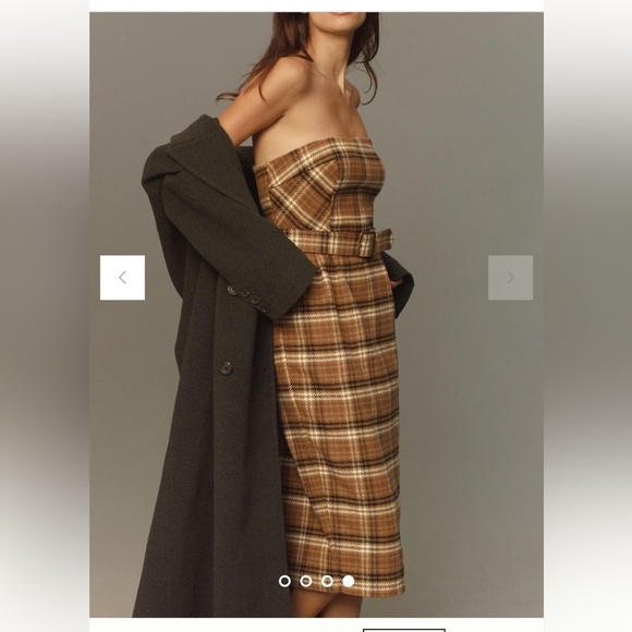 By Anthropologie Strapless Belted Midi Length Dress in Tan and Brown Plaid US6 - Picture 9 of 15